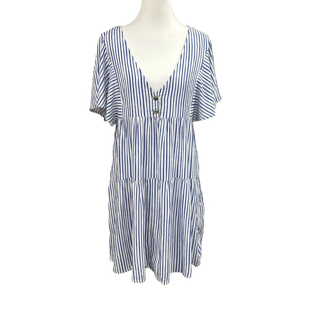NWOT Zara Striped Linen Blend Flutter Sleeve Gold Button Tiered Dress Sz XS